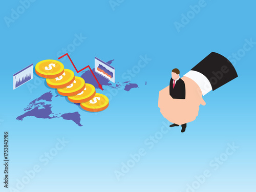 Global Financial Crisis, Business Recession, and Economic Downfall Concept with World Map, Declining Coins, Charts, and Man in Giant Hand 3d vector illustration