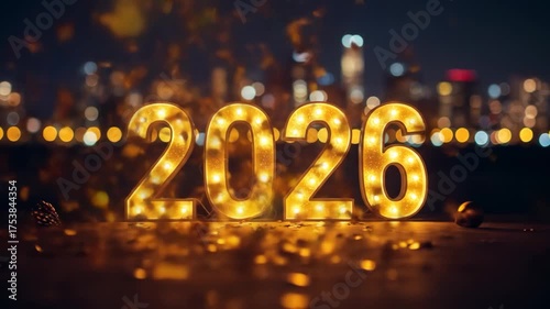 Celebrate the arrival of 2026 with stunning lights and festive decorations in a vibrant New Year's celebration set against a nighttime urban backdrop.
