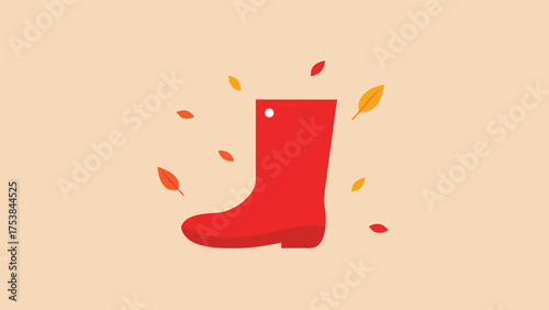 Vector art of a red rubber boot surrounded by falling leaves, symbolizing the arrival of autumn and the changing of the seasons