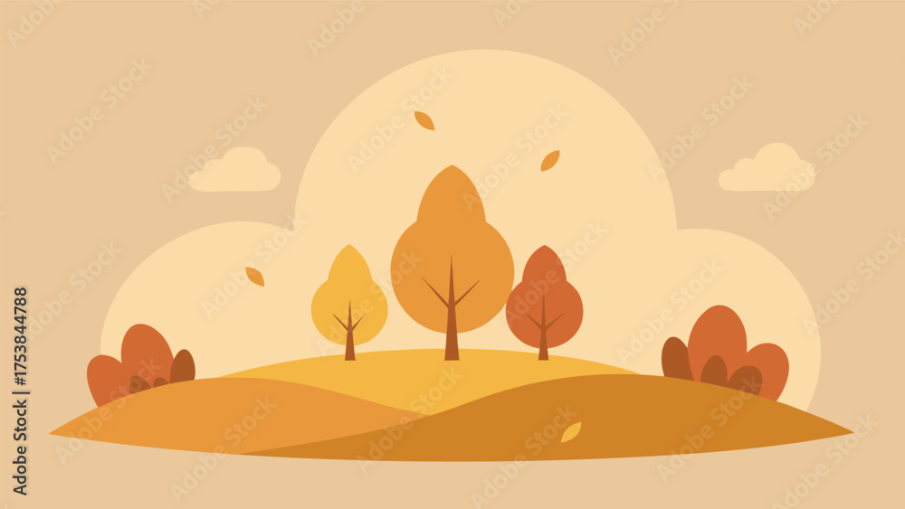 Fototapeta premium Vector art of a flat vector illustration of an autumn landscape with trees, bushes, clouds, and falling leaves warm and cozy scene