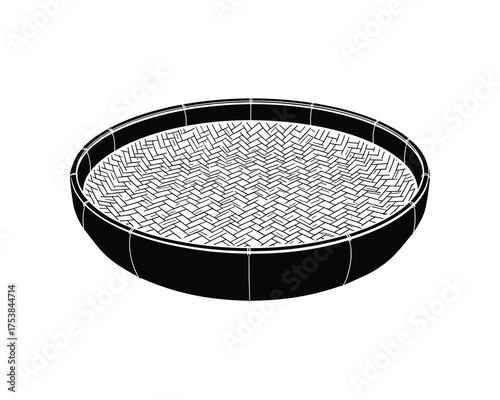 Woven rice winnowing basket in black and white Vector Illustration