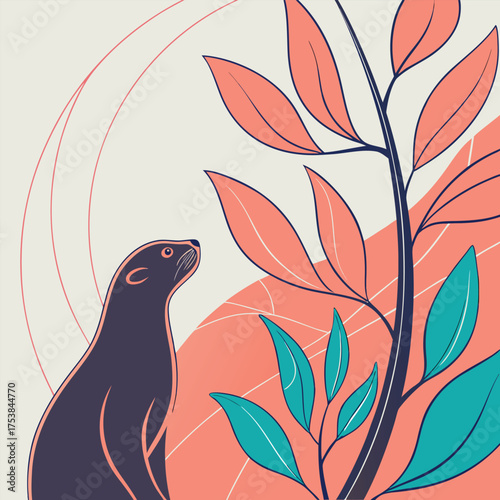 Seal and Coral Colored Plant Illustration animal marine mammal