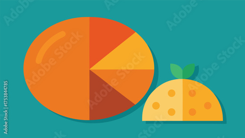 Vector art of a flat vector illustration of a pie chart and a small dome with two leaves on top, on a teal background simple and clean