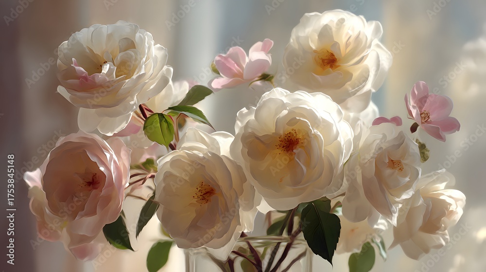 Fototapeta premium Bouquet of delicate cream and pink roses bathed in soft light.