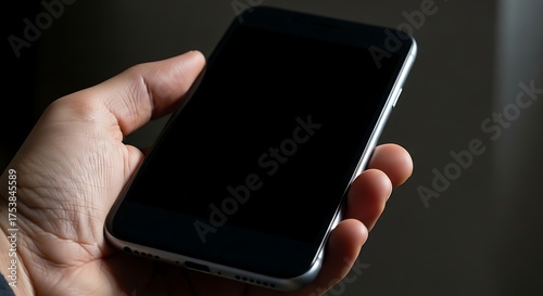A person's hand holding a sleek, black smartphone with a blank screen, possibly turned off.