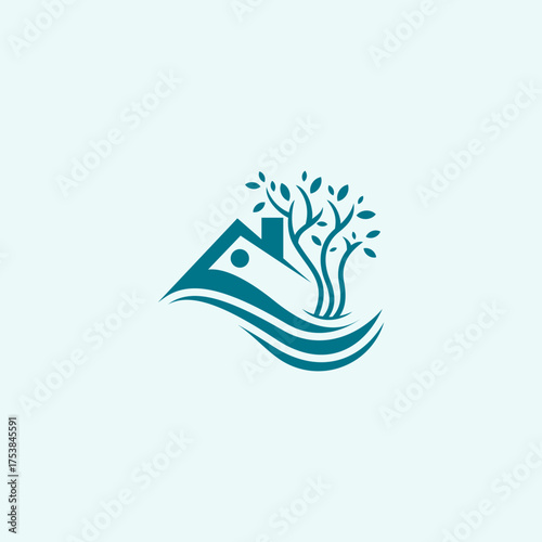 logo of a comfortable house and a big tree, hotel logos
