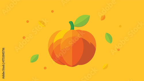 Illustration of a ripe orange fruit with leaves on a yellow background, a symbol of autumn and harvest season