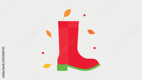Illustration of a red rubber boot with autumn leaves on a, a symbol of rainy weather and fall season