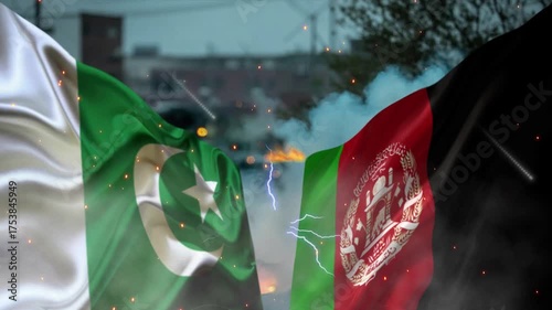 Conflict between Pakistan and Afghanistan flag waving rendering, 3D Flag wave afghanistan vs Pakistan 4k resolution animation, political or military conflict, not Peace, Unity, economy, or trade