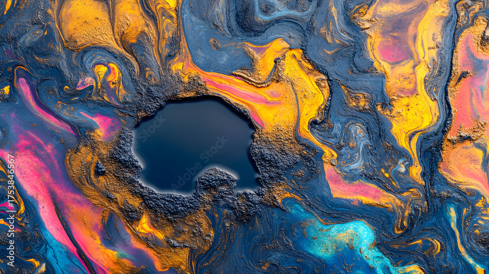 Naklejka premium Oil spill abstract satellite view dark circle iridescent rainbow slick pollution contamination toxic