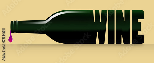 A wine bottle merges into the word wine in a wine graphic with copy space and it is a 3-d illustration.