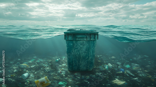 Floating trash can ocean pollution plastic waste marine debris environmental damage water surface horizon cloudy sky sunlight rays sea current. Somber mood underscores conservation urgency