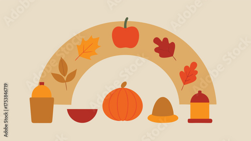 Vector art of autumn rainbow with pumpkin, apple, leaves, hat, and drink on beige background, a cute and colorful design for fall season