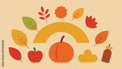 Vector art of autumn composition with pumpkin, apple, leaves, cloud, and drink on beige background, a cute and colorful design for fall season
