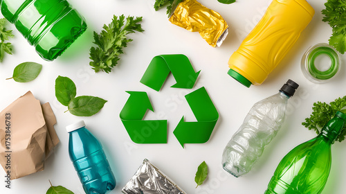 Green recycling symbol plastic bottle paper metal can glass bottle leaf eco friendly sustainability waste sorting top view. Green recycling symbol centered with plastic bottle, paper, metal can