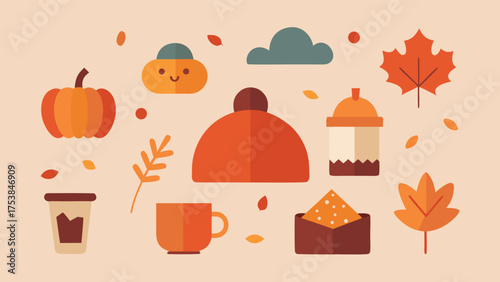 Vector art of a cozy autumn collection with pumpkin, hat, cloud, maple leaf, cup, and snack arranged on a beige background