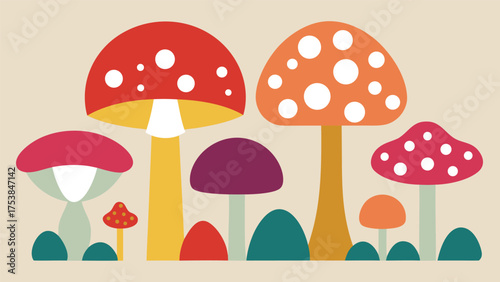 Vector art of colorful mushroom collection on a beige background, including fly agaric, chanterelle, and other types of edible and poisonous fungi