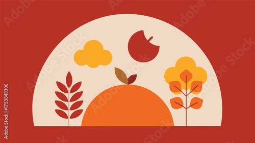 Vector art of autumnal bliss a cozy vector illustration of fall harvest, featuring an apple, pumpkin, cloud, and tree on a warm background