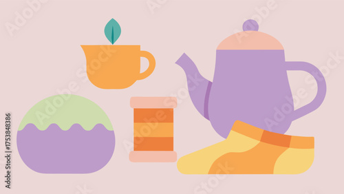 Vector art of a cozy collection of pastelcolored items, including a teapot, teacup, yarn, sock, and cake, creating a warm and inviting scene