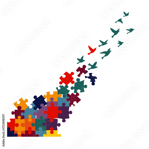 Conceptual Flat Design Puzzle Pieces with Birds Taking Flight Illustration