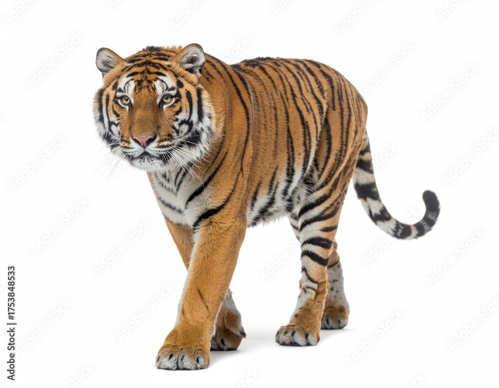 Obraz premium Majestic Full Body Tiger Isolated on White Background Walking Forward Wildlife