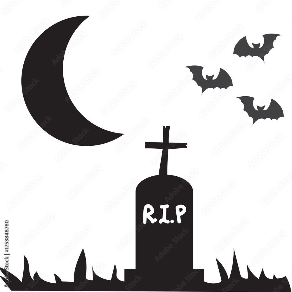 Obraz premium Graveyard Scene with Moon and Flying Bats for Halloween