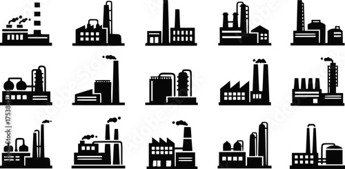 Factory, power plant industrial icons. Vector silhouettes, EPS version.