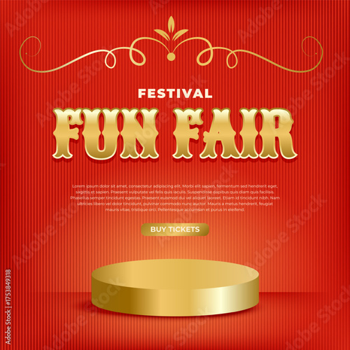Playful red funfair poster with golden podium and festive typography. Design for carnival invitations, fairground promotions, vintage events. Vector illustration