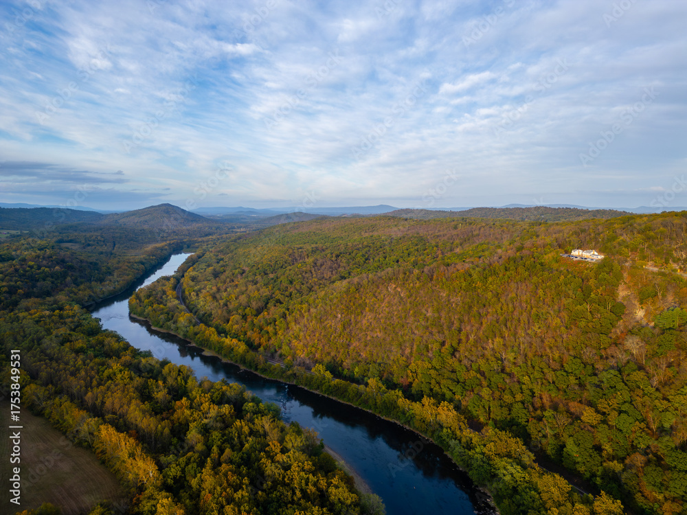 Fototapeta premium Beautiful sunset in the West Virginia mountains. Drone aerial. 