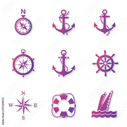 Duotone Nautical Navigation Icon Set with Anchors, Ropes, and Compass Symbols