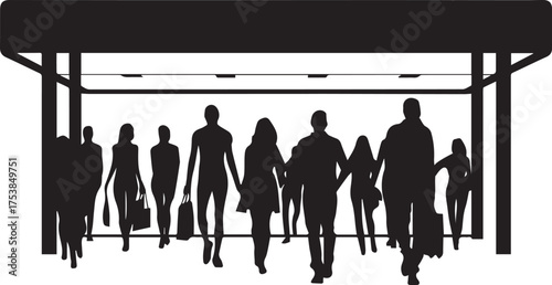 Silhouette people walking commuters urban city station travel business crowd group black
