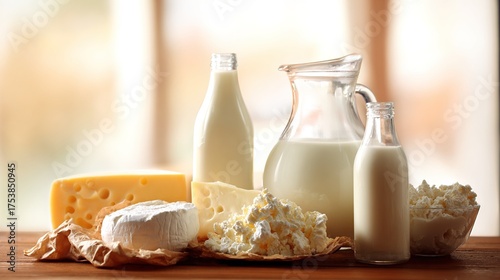 Variety of fresh dairy products arranged on a wooden table, bathed in warm natural light.