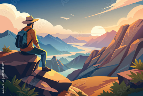 Traveler with backpack on rocky viewpoint at warm sunset, admiring panoramic valley, winding river, and mountain horizon — inspirational nature, hiking, and outdoor lifestyle scene.
