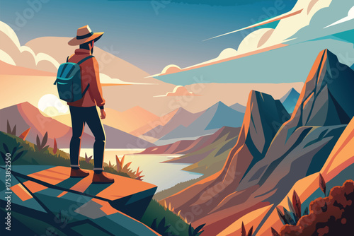Hiker Standing on a Cliff Overlooking a Stunning Mountain Landscape at Sunset