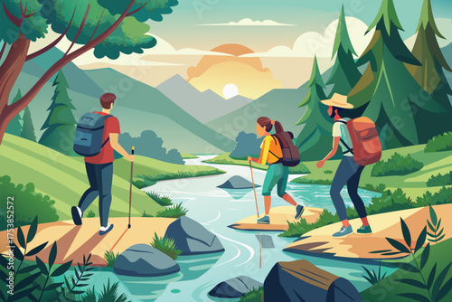 Group of hikers with backpacks walking on forest mountain trail, crossing river toward bright valley. Concept of adventure travel, teamwork, friendship, nature tourism, and outdoor lifestyle.