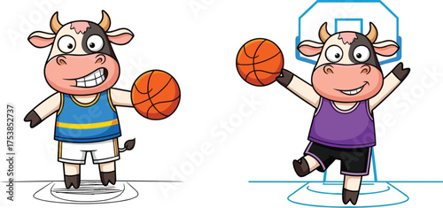 Funny cartoon cow playing basketball in sports uniform, cute animal athlete character, adorable cow dribbling ball, sports illustration for kids