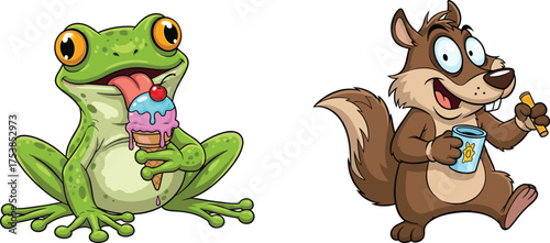 Funny cartoon frog eating ice cream cone and happy squirrel drinking juice with snack stick, vector illustration, comic, white background