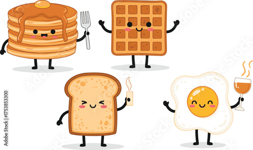 Funny cartoon pancake waffle toast and fried egg characters, cute happy breakfast food illustration, adorable morning meal vector, white background