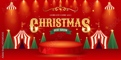 Christmas circus banner. Colorful vintage magic show, theatre, attractions, carnival poster. Creative design for events, festival, party, performance and more. Retro vector illustration
