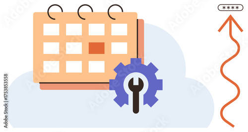 Calendar with highlighted date, gear representing settings, arrow showing progress, and cloud background. Ideal for scheduling, planning, customization, teamwork goals, progress productivity
