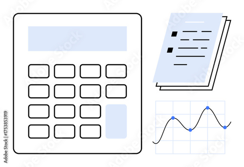 Calculator alongside documents and data graph illustrating business calculations, financial planning, analysis, accounting, auditing, budgeting, and education. Ideal for simple flat metaphor