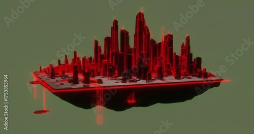 Futuristic floating cityscape with neon lights and greenery