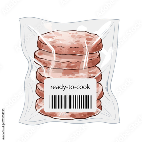 Raw burger patties in a clear plastic package, labeled 'ready-to-cook' with a barcode