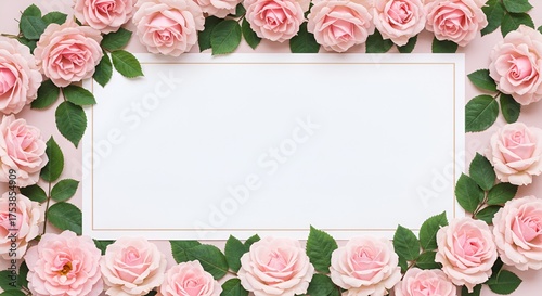 Delicate pink roses and green leaves frame a white rectangular card on a pale background.