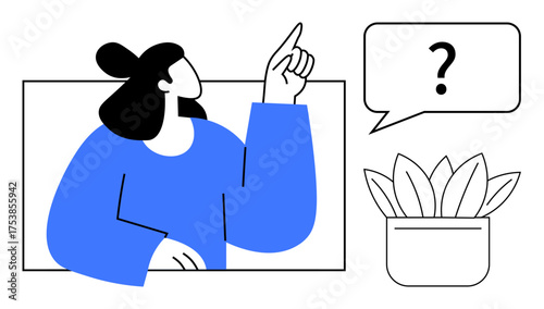 Woman gesturing upward inside a frame, question mark in speech bubble suggesting inquiry or idea, potted plant nearby. Ideal for education, brainstorming, creativity, problem-solving, curiosity