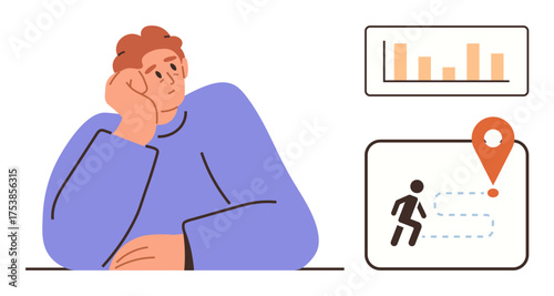 Thoughtful individual resting head on hand, bar chart indicating data analysis, journey icon with location pin showcasing progress. Ideal for goal setting, planning, strategy, self-reflection