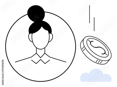 Womans outline in a circle, a falling coin, and a minimalist cloud. Ideal for finance, technology, networking, business growth, investment strategy career choices. Simple flat metaphor