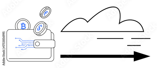 Digital wallet releasing cryptocurrency coins, cloud icon, and arrow suggesting movement. Ideal for finance, digital banking, cryptocurrency, technology, investment, online payments simple flat