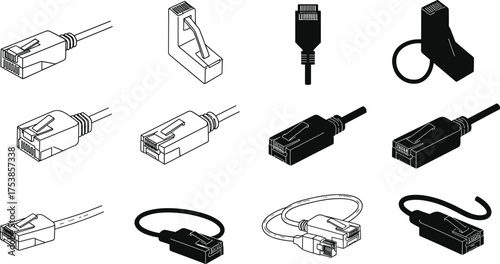 Ethernet network cable and RJ45 connector silhouette set, internet plug, LAN wire, data connection technology vector illustration isolated