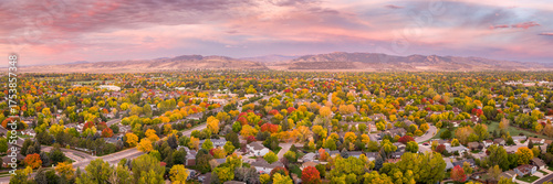 Fort Collins and foothills of Rocky Mountains with Horsetooth Rock in northern Colorado, early fall dawn scenery